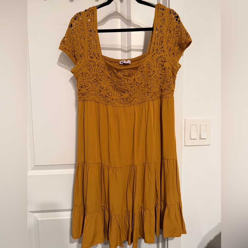 Juniors SO Crochet Babydoll Tiered Dress Mustard Dress sz XL